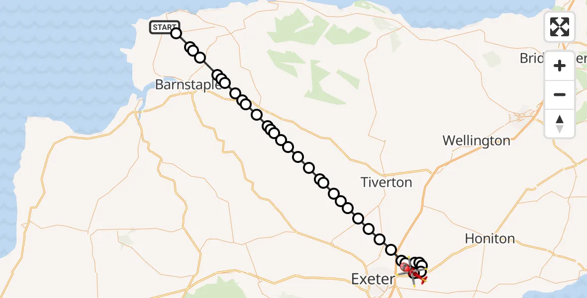 Flight route Air Ambulance Helicopter Ilfracombe - Exeter International Airport, 21 July 2026, 21:39