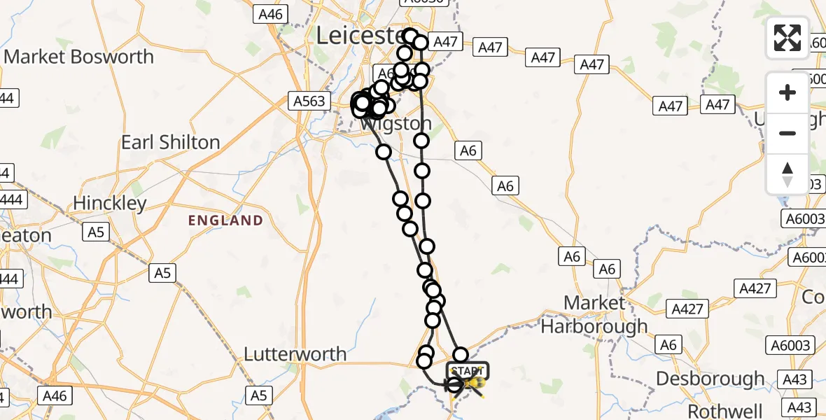 Flight route Police Helicopter Marston Trussell - Husbands Bosworth Airfield, 21 July 2026, 21:42