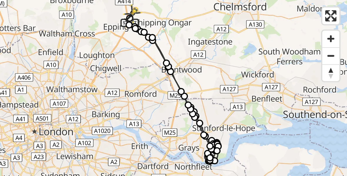 Flight route Police Helicopter Coopersale - North Weald Airfield, 21 July 2026, 21:51