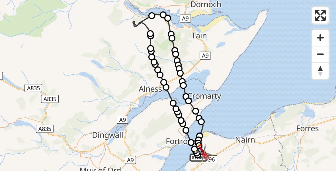 Flight route Air Ambulance Helicopter Inverness Airport - Ardersier, 21 July 2026, 22:19