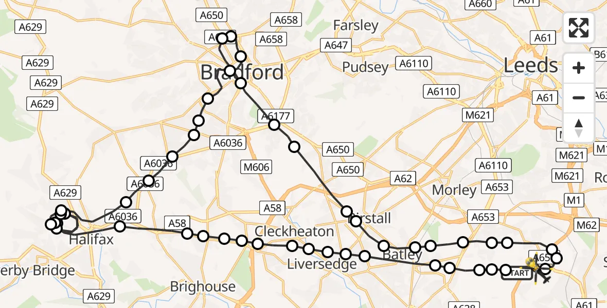 Flight route Police Helicopter East Ardsley - East Ardsley, 21 July 2026, 22:28