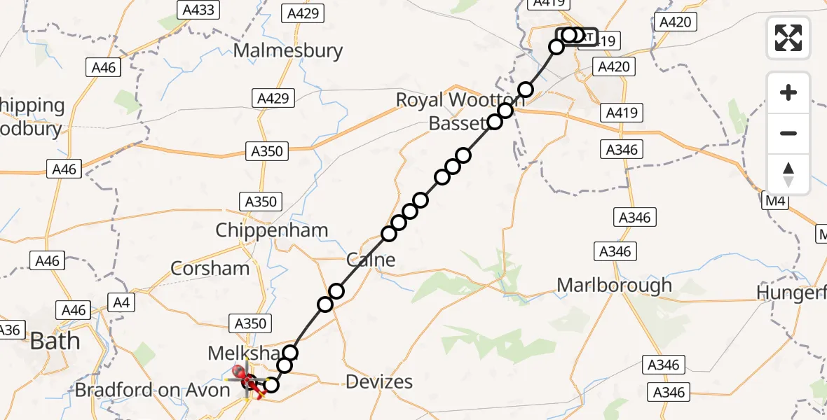 Flight route Air Ambulance Helicopter Stratton St. Margaret - Wiltshire Air Ambulance, 21 July 2026, 23:04