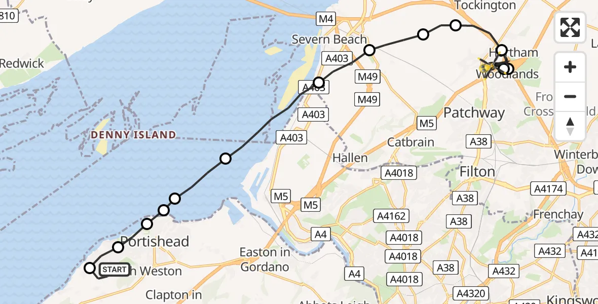 Flight route Police Helicopter Portishead - Almondsbury Helicopter Base, 21 July 2026, 23:07