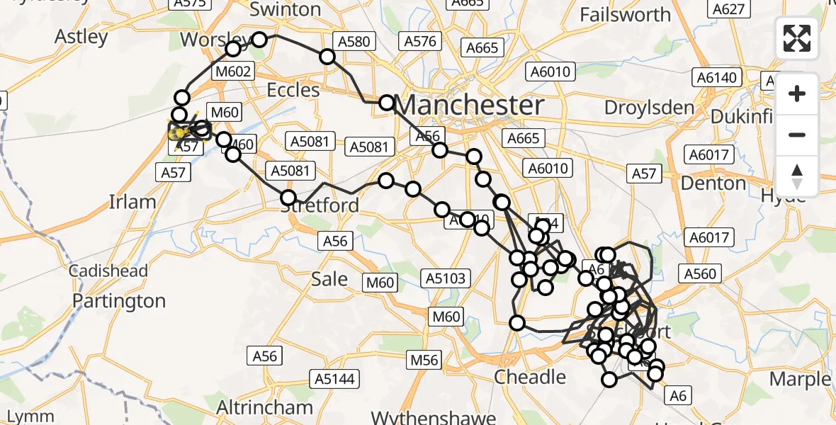 Flight route Police Helicopter Manchester Barton Aerodrome - Manchester Barton Aerodrome, 21 July 2026, 23:15