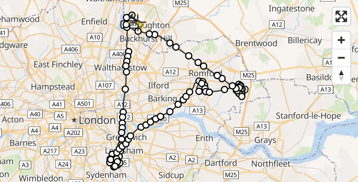 Flight route Police Helicopter Chingford - Sewardstonebury, 21 July 2026, 23:20