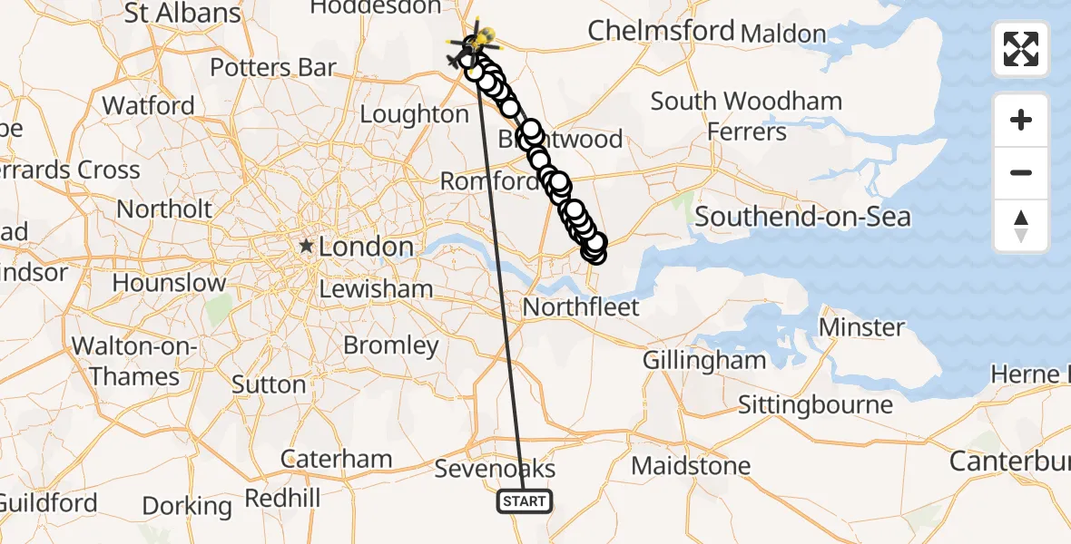 Flight route Police Helicopter Sevenoaks - North Weald Airfield, 22 July 2026, 00:01
