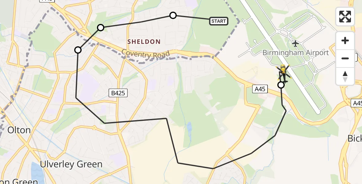 Flight route Police Helicopter Birmingham Airport - Birmingham Airport, 22 July 2026, 00:31