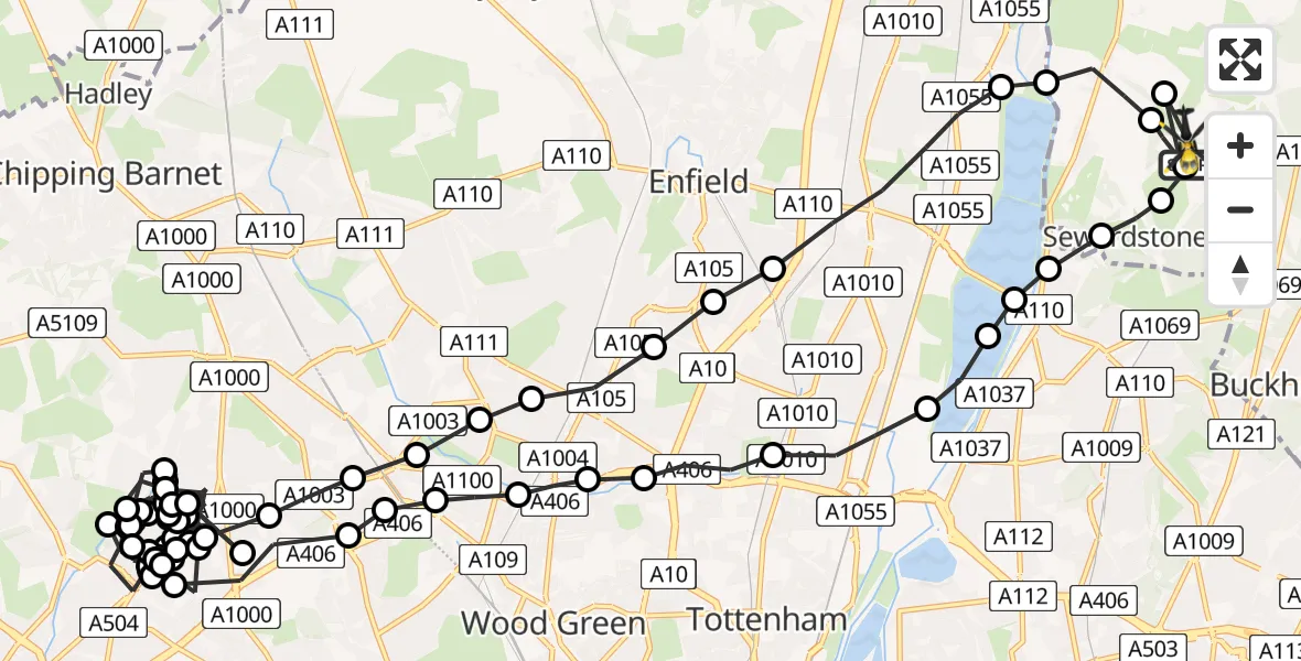 Flight route Police Helicopter Metropolitan Police Air Support Unit Lippitts Hill - Sewardstonebury, 22 July 2026, 01:44