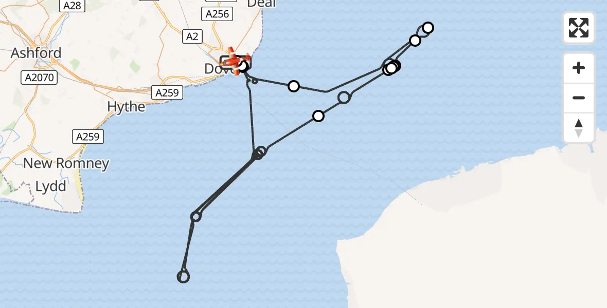 Flight route Coastguard Drone Langdon Battery Heliport - Swingate Airfield, 22 July 2026, 01:56
