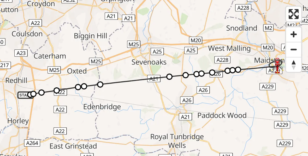 Flight route Air Ambulance Helicopter Redhill Aerodrome - Maidstone, 22 July 2026, 02:18