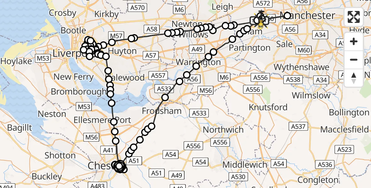 Flight route Police Helicopter Manchester Barton Aerodrome - Manchester Barton Aerodrome, 22 July 2026, 02:28
