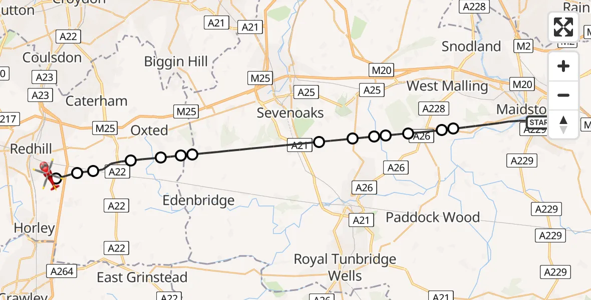 Flight route Air Ambulance Helicopter Maidstone - Redhill Aerodrome, 22 July 2026, 03:34