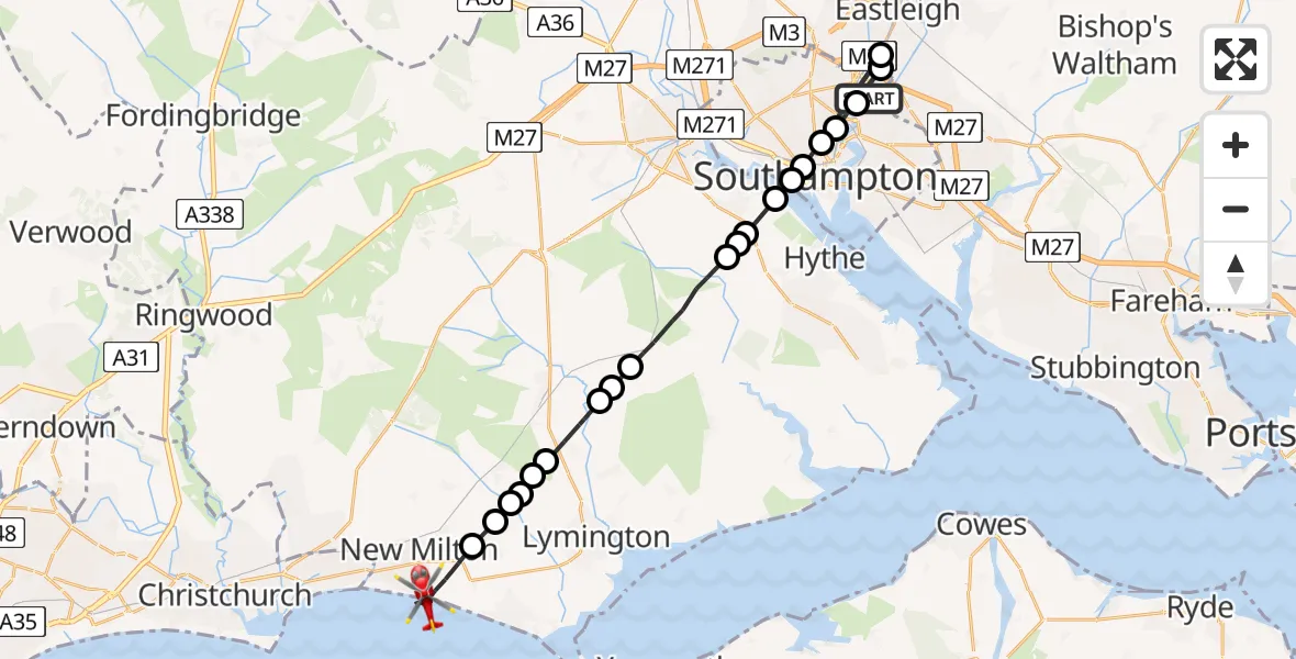 Flight route Air Ambulance Helicopter Mansbridge - New Milton, 22 July 2026, 06:18