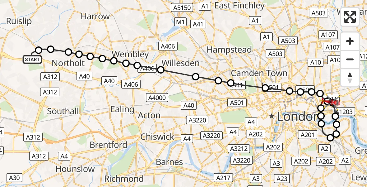 Flight route Air Ambulance Helicopter RAF Northolt - Royal London Hospital, 22 July 2026, 06:42