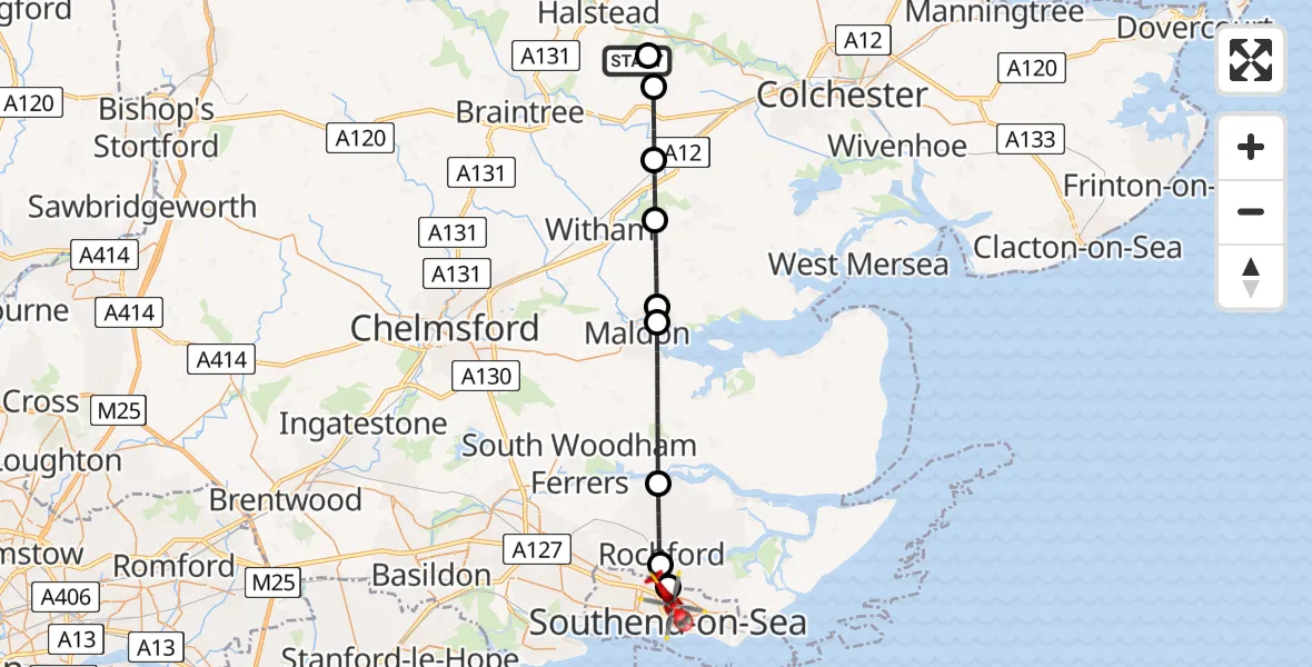 Flight route Air Ambulance Helicopter Earls Colne Airfield - Prittlewell, 22 July 2026, 06:46