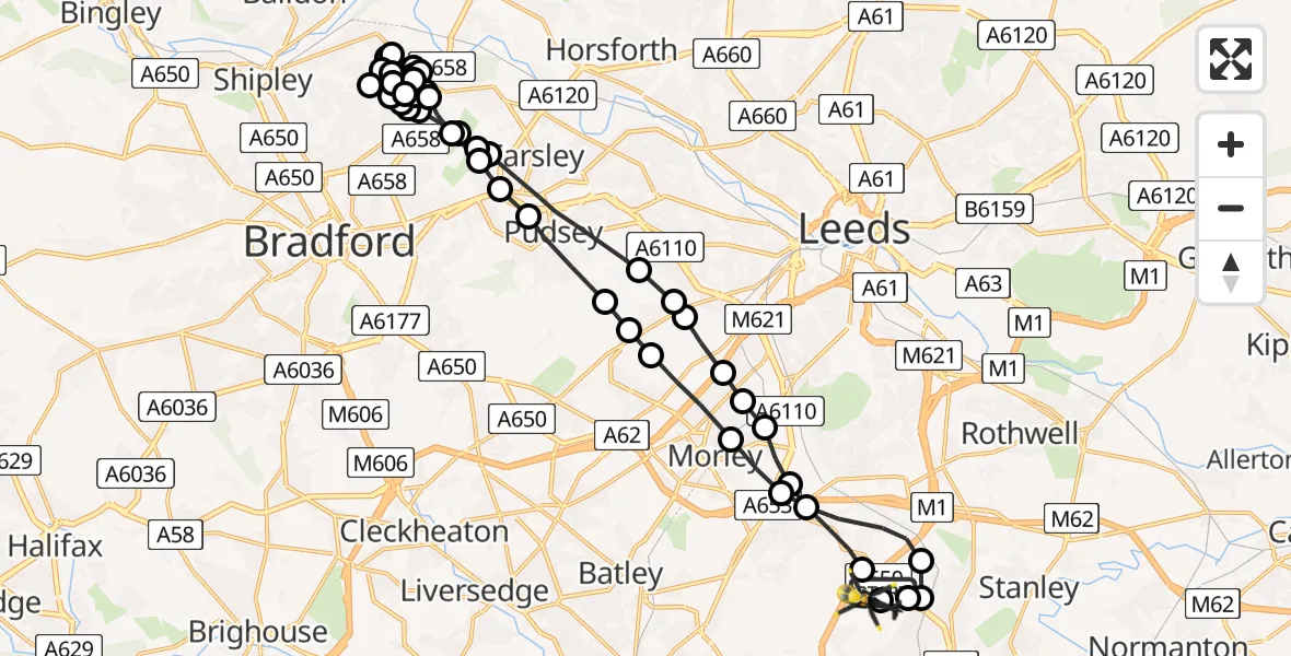 Flight route Police Helicopter Wrenthorpe - East Ardsley, 22 July 2026, 06:54