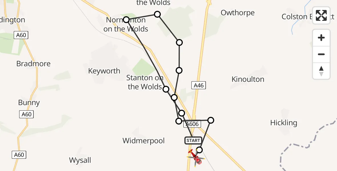 Flight route Air Ambulance Helicopter Hickling - Nottingham Heliport, 22 July 2026, 06:54