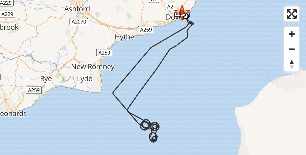 Flight route Coastguard Drone Langdon Battery Heliport - Swingate Airfield, 22 July 2026, 07:01