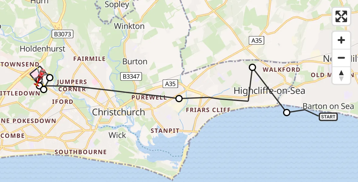 Flight route Air Ambulance Helicopter New Milton - Royal Bournemouth Hospital, 22 July 2026, 07:07