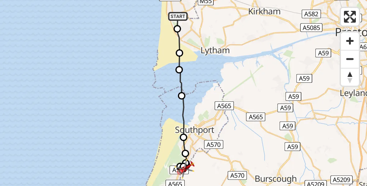 Flight route Air Ambulance Helicopter Blackpool Airport - West Lancashire, 22 July 2026, 07:07
