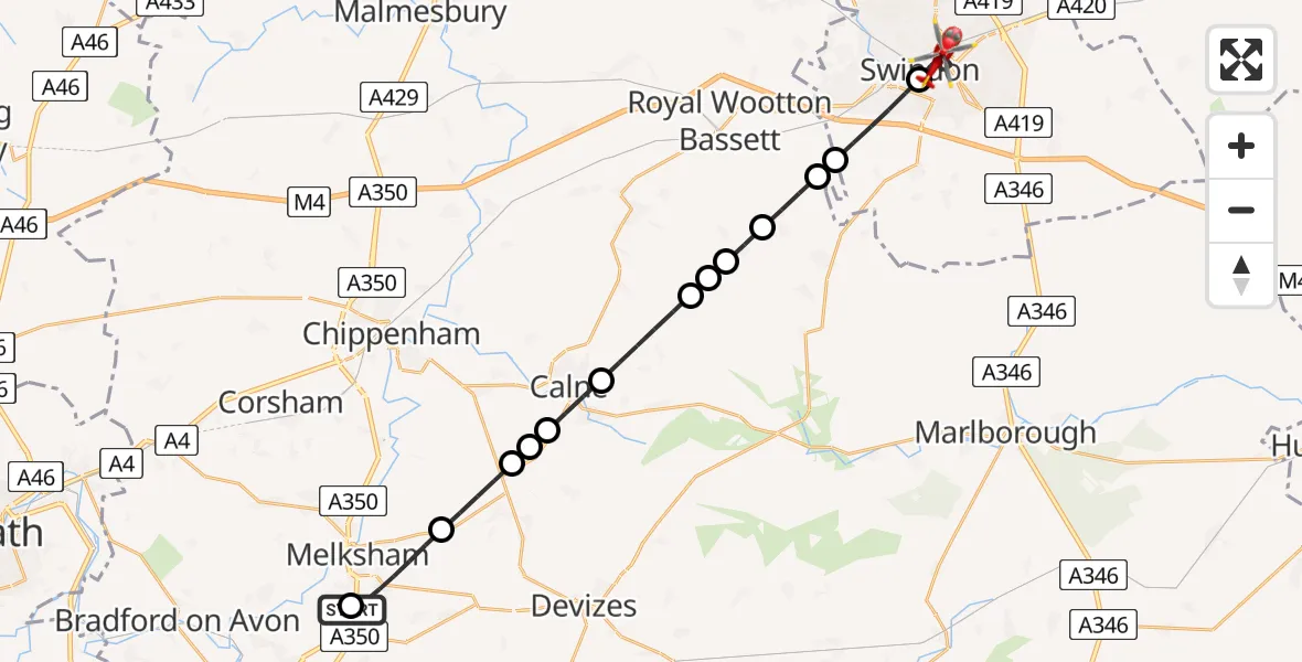Flight route Air Ambulance Helicopter Wiltshire Air Ambulance - Swindon, 22 July 2026, 07:43
