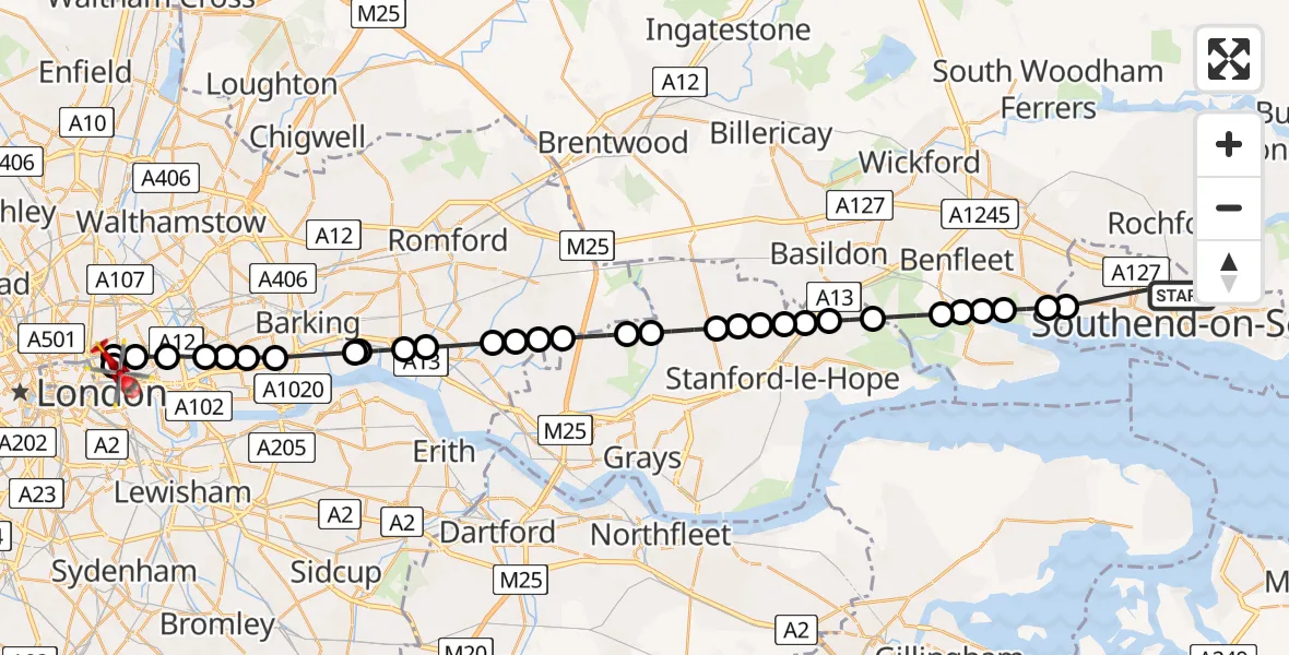 Flight route Air Ambulance Helicopter Prittlewell - Royal London Hospital, 22 July 2026, 08:01