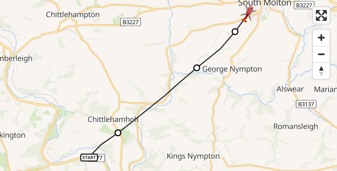 Flight route Air Ambulance Helicopter Burrington - South Molton, 22 July 2026, 08:03
