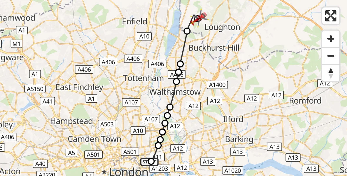 Flight route Air Ambulance Helicopter Royal London Hospital - Metropolitan Police Air Support Unit Lippitts Hill, 22 July 2026, 08:09