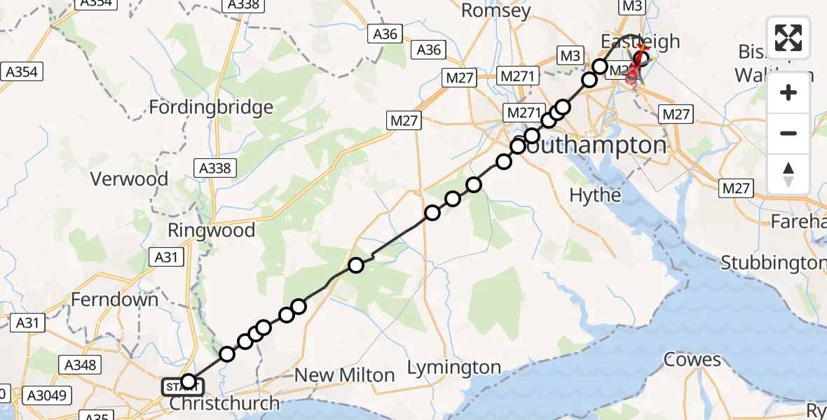 Flight route Air Ambulance Helicopter Royal Bournemouth Hospital - Southampton Airport, 22 July 2026, 08:10