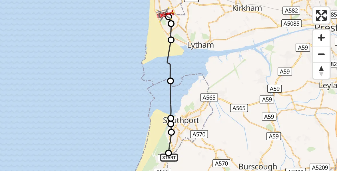 Flight route Air Ambulance Helicopter Sefton - Blackpool Airport, 22 July 2026, 08:12