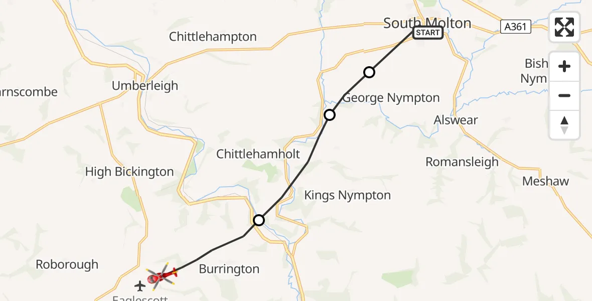 Flight route Air Ambulance Helicopter South Molton - Burrington, 22 July 2026, 08:24