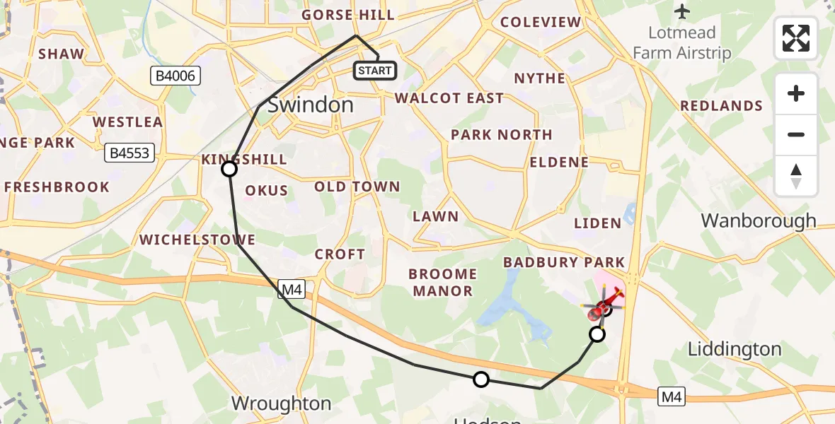 Flight route Air Ambulance Helicopter Swindon - Great Western Hospital, 22 July 2026, 08:28