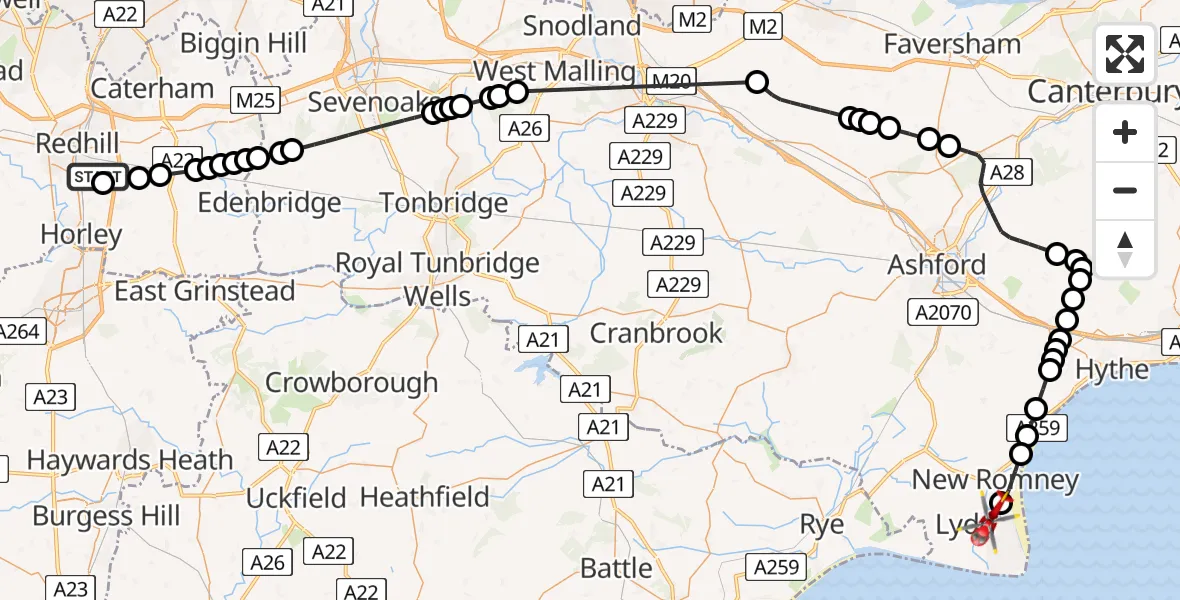Flight route Air Ambulance Helicopter Redhill Aerodrome - Lydd London Ashford Airport, 22 July 2026, 08:33