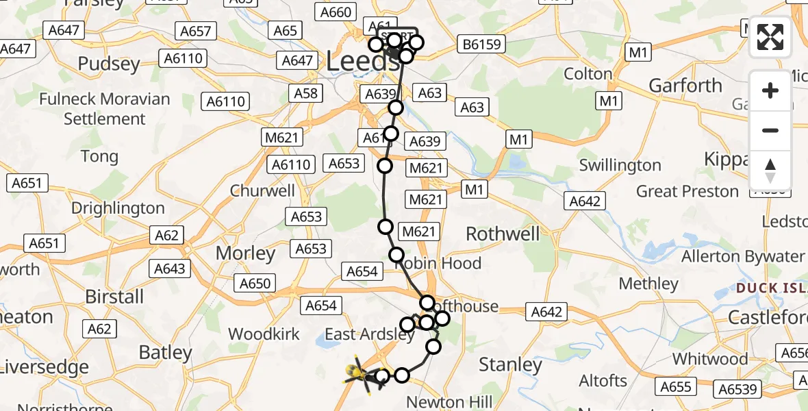 Flight route Police Helicopter Sheepscar - East Ardsley, 22 July 2026, 08:53