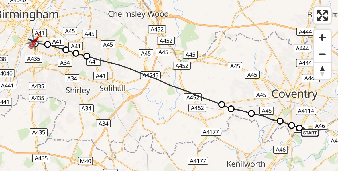 Flight route Air Ambulance Helicopter Coventry Airport - Balsall Heath, 22 July 2026, 08:57