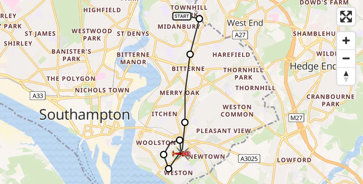 Flight route Air Ambulance Helicopter Townhill Park - Botany Bay, 22 July 2026, 09:09