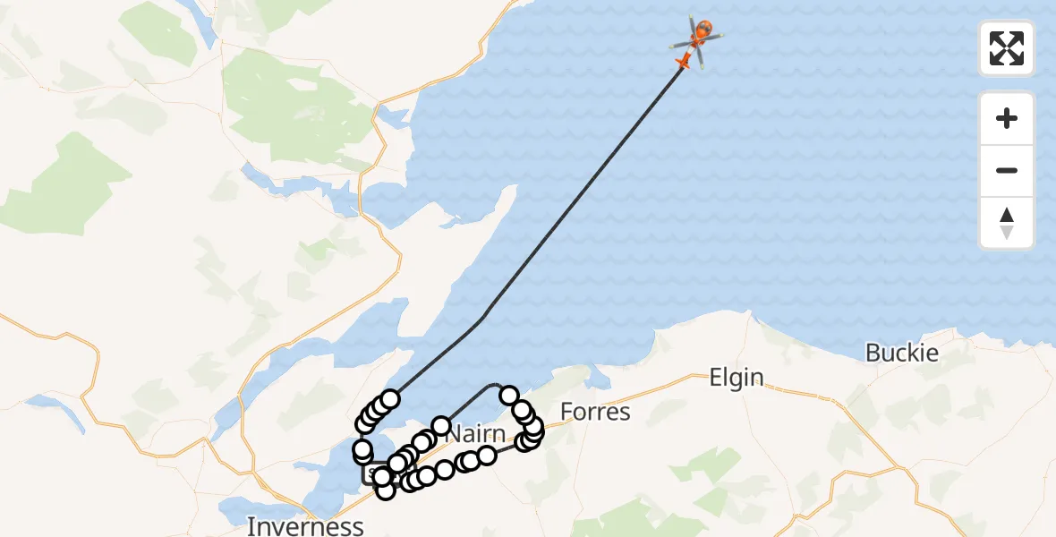 Flight route Coastguard Helicopter Inverness Airport - North Sea, 22 July 2026, 09:09