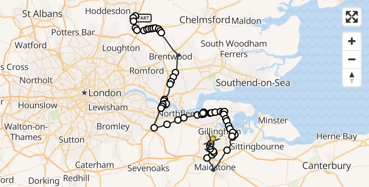 Flight route Police Helicopter North Weald Bassett - Rochester Airport, 22 July 2026, 09:12