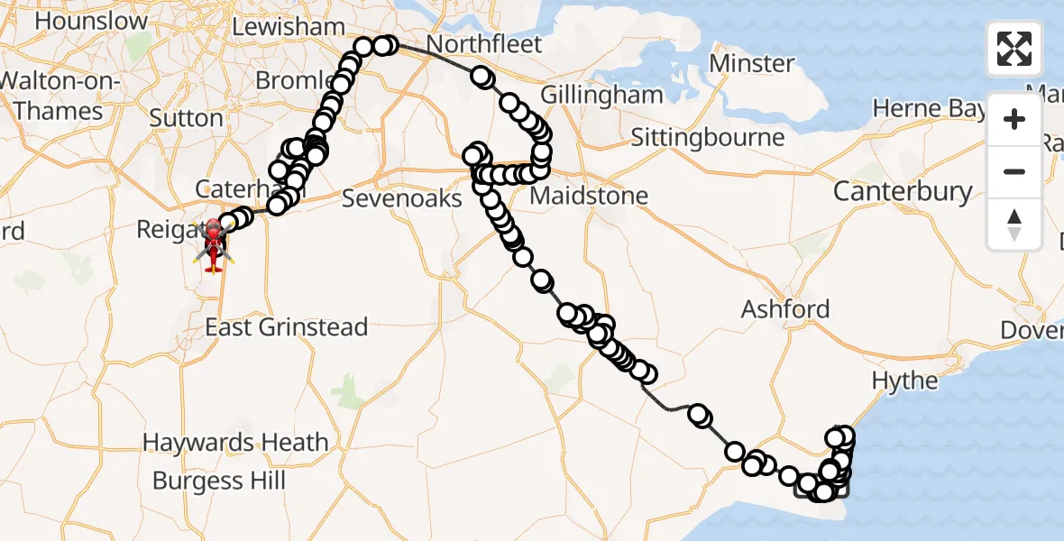 Flight route Air Ambulance Helicopter Lydd London Ashford Airport - Redhill Aerodrome, 22 July 2026, 09:15