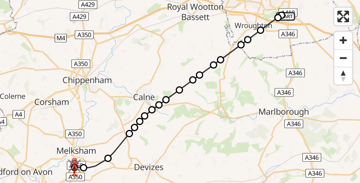Flight route Air Ambulance Helicopter Great Western Hospital - Wiltshire Air Ambulance, 22 July 2026, 09:17