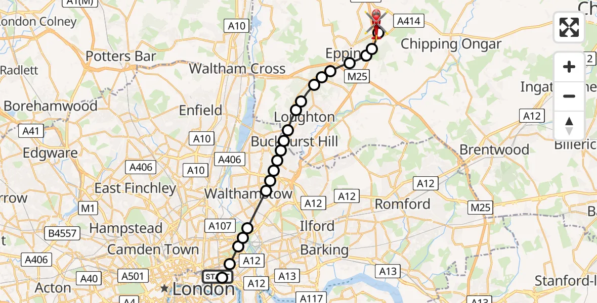 Flight route Air Ambulance Helicopter Royal London Hospital - North Weald Airfield, 22 July 2026, 09:22
