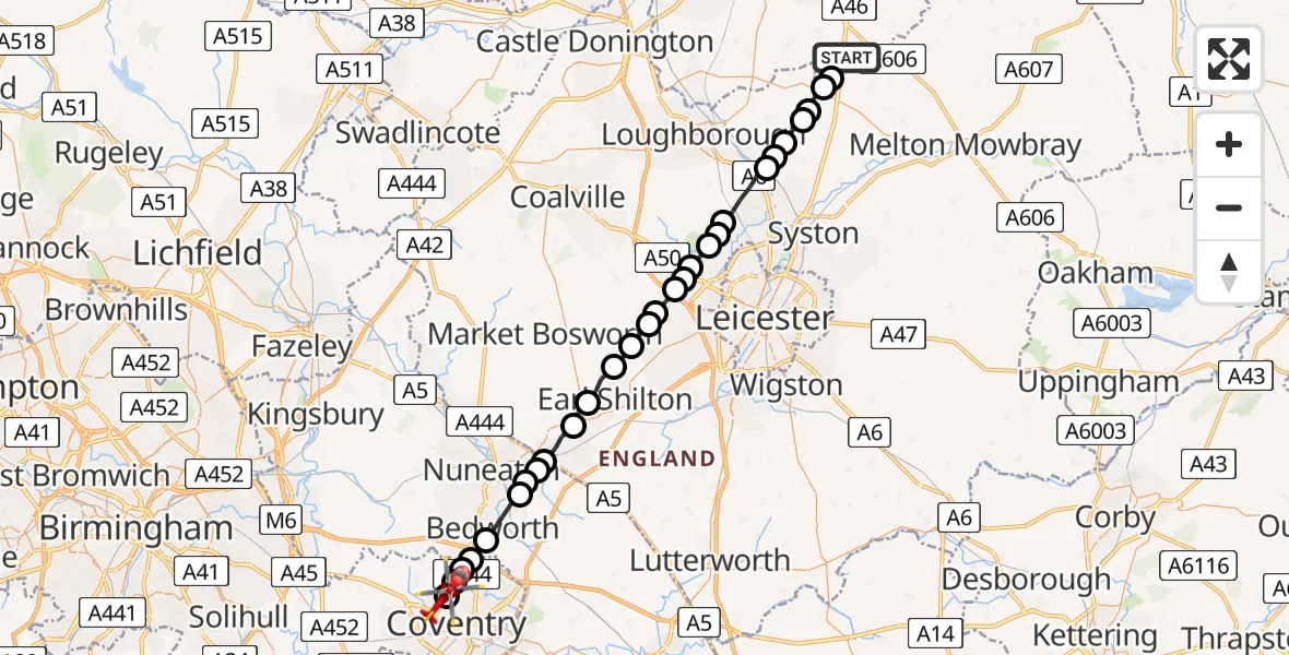 Flight route Air Ambulance Helicopter Rushcliffe - Daimler Green, 22 July 2026, 09:39