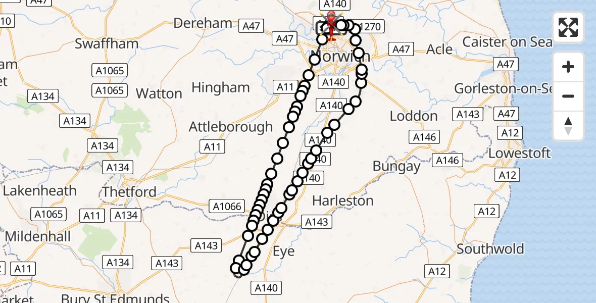 Flight route Air Ambulance Helicopter Norwich Airport - Norwich Airport, 22 July 2026, 09:51