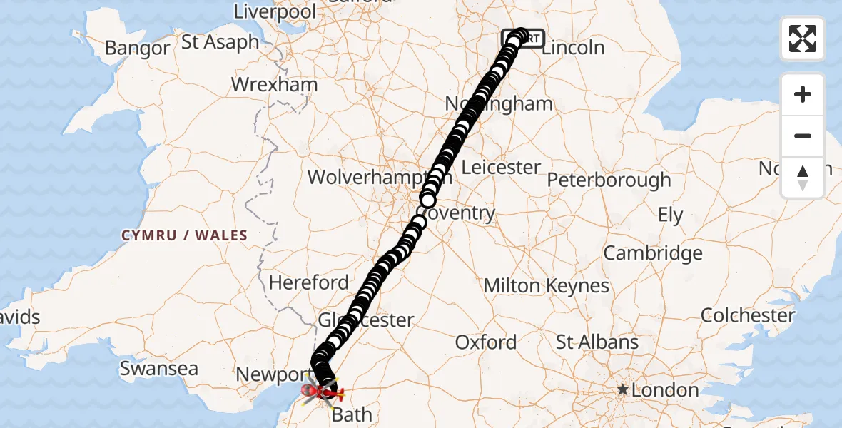 Flight route Air Ambulance Helicopter Retford Gamston Airport - Bristol, 22 July 2026, 09:53