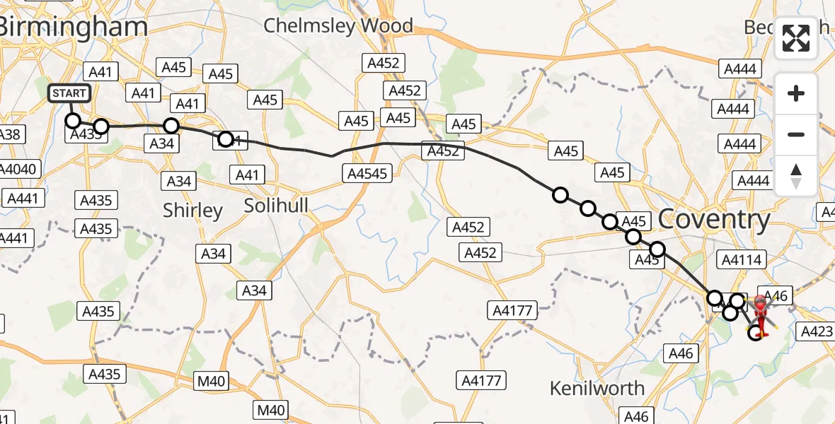 Flight route Air Ambulance Helicopter Highgate - Coventry Airport, 22 July 2026, 09:54