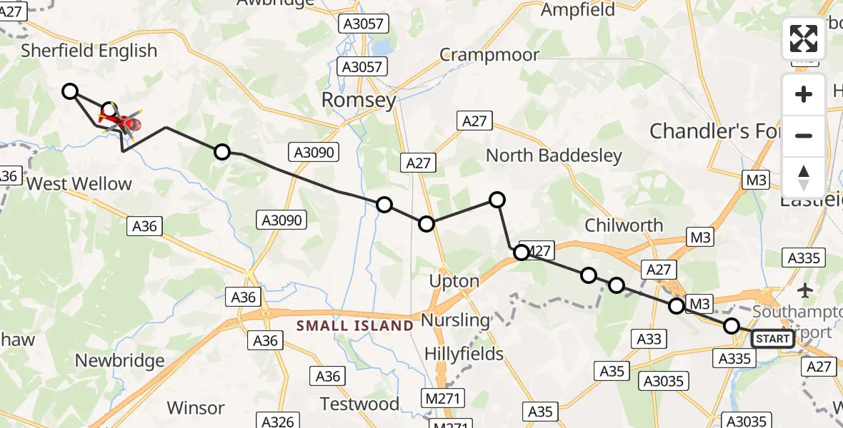 Flight route Air Ambulance Helicopter Mansbridge - Wellow, 22 July 2026, 10:13