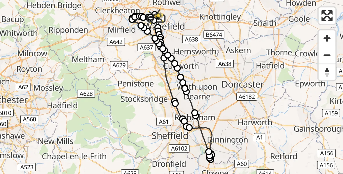 Flight route Police Helicopter Wrenthorpe - East Ardsley, 22 July 2026, 10:15