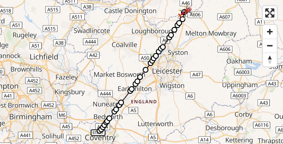 Flight route Air Ambulance Helicopter Daimler Green - Nottingham Heliport, 22 July 2026, 10:27