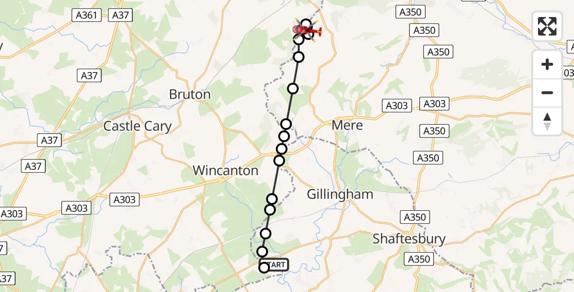 Flight route Air Ambulance Helicopter Henstridge Airfield - Trudoxhill, 22 July 2026, 10:28