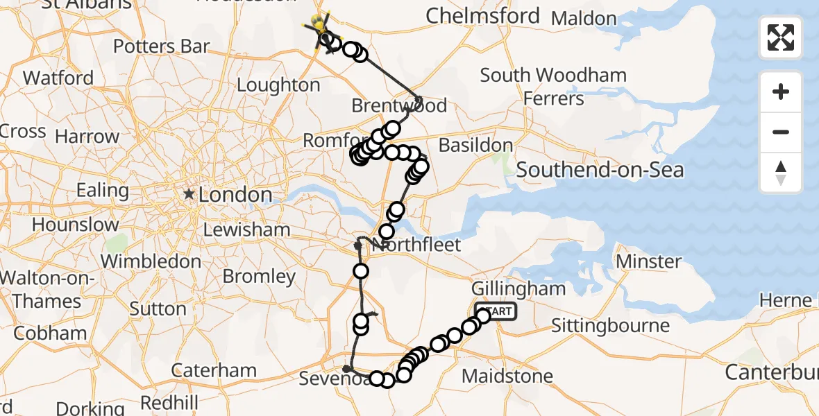 Flight route Police Helicopter Rochester - Coopersale, 22 July 2026, 10:35